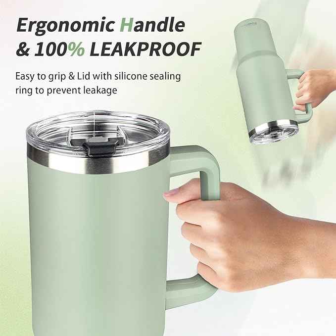 40 oz Tumbler with Handle, Insulated Tumbler with Lid and Straw, Reusable Stainless Steel Vacuum Insulated Cup, 100% Leak Proof Thermal Travel Coffee Mug Cup for Cold and Hot (Green Tea)