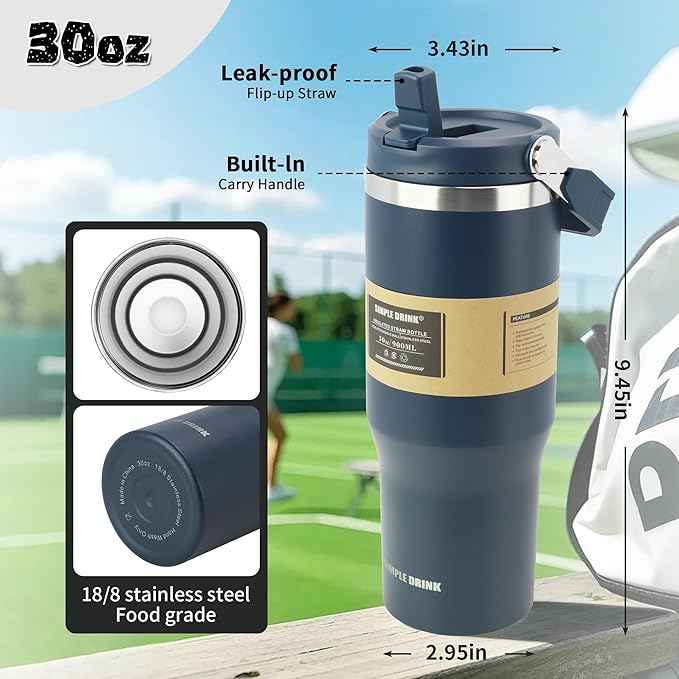 30oz Flip Straw Insulated Water Bottle with Handle, Leak Proof Stainless Steel Tumbler, Double Wall Vacuum Travel Coffee Mug for Cold Drinks, Gym Office Travel Essentials