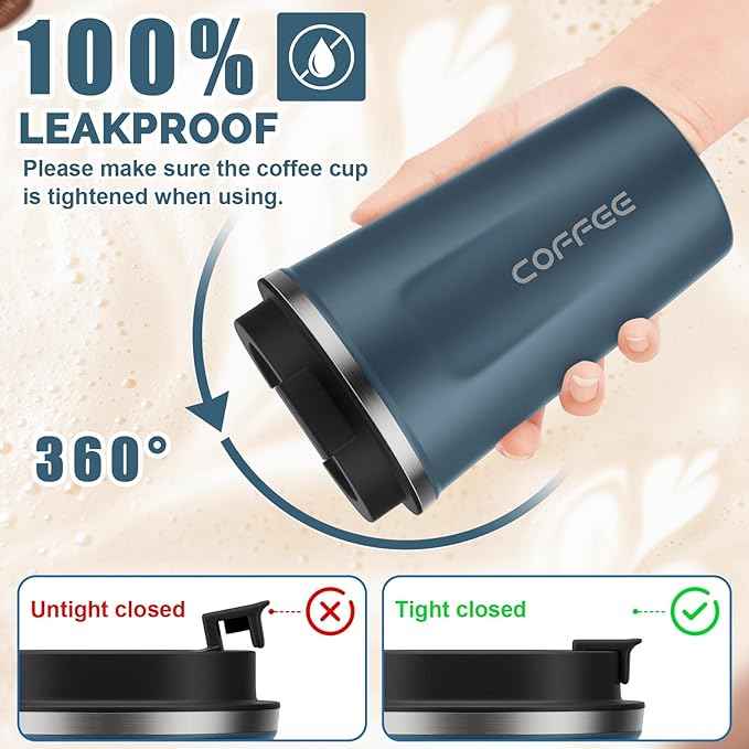 MOMSIV 12oz Travel Mug, Insulated Coffee Cup with Leakproof Lid, Vacuum Stainless Steel Double Walled Reusable Tumbler for Hot and Cold Water Coffee and Tea In Travel and Car Blue