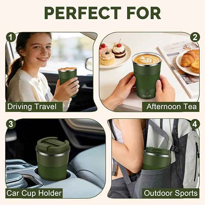 MOMSIV 12oz Travel Mug, Insulated Coffee Cup with Leakproof Lid, Vacuum Stainless Steel Double Walled Reusable Tumbler for Hot and Cold Water Coffee and Tea In Travel and Car Armygreen 380ML