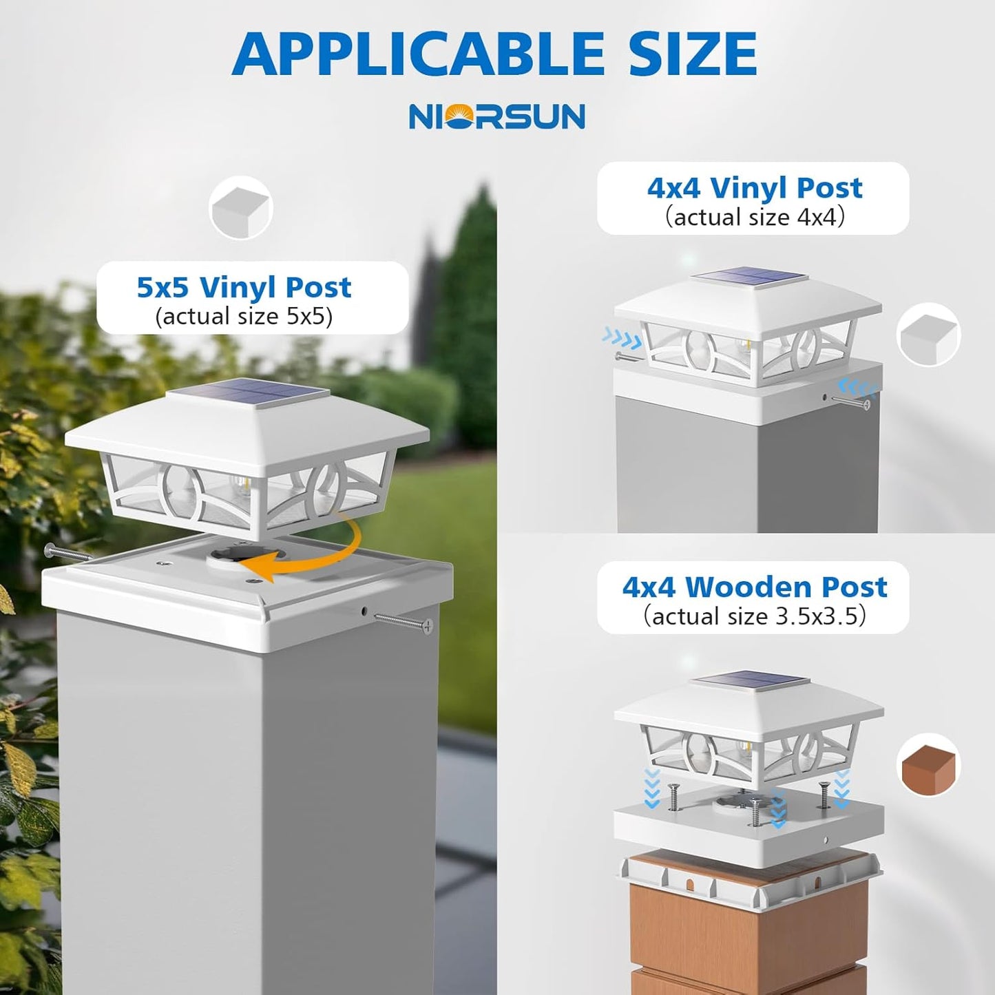 NIORSUN Solar Post Lights Outdoor, Fence Post Solar Lights Warm White Outdoor Waterproof Edison LED Bulbs Garden Patio Fence Deck Decor, 4x4 5x5 Wood Vinyl Post Cap Lights, White 6 Pack