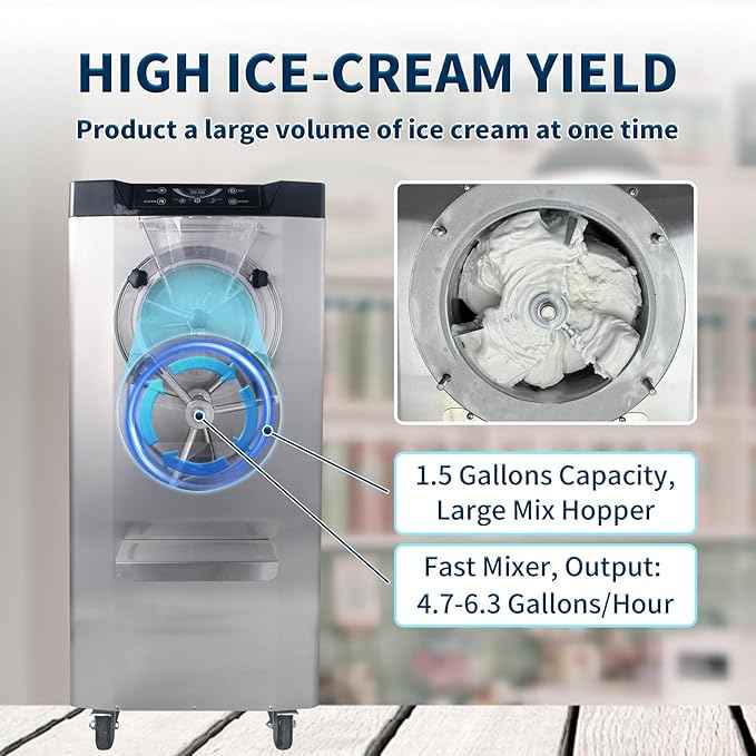 2000W Commercial Hard Ice Cream Machine, 6.3 GPH (18-24L/H) High Capacity Batch Freezer with LED Display, Stainless Steel Hard Ice Cream Maker for Restaurants, Cafes & Bars, 110V-120V Standard US Plug