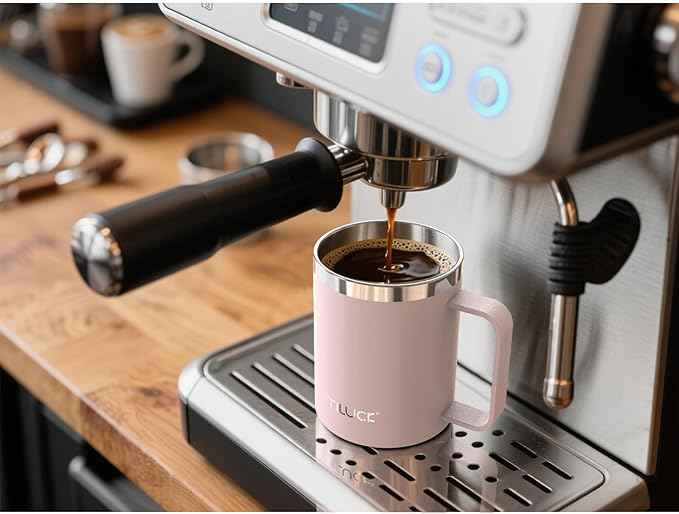 TILUCK 12 oz Insulated Coffee Mug with Lid, Double Wall Vacuum Insulated Travel Mug Cup with Handle for Hot or Cold Drinks（12oz，Matte LightPink）