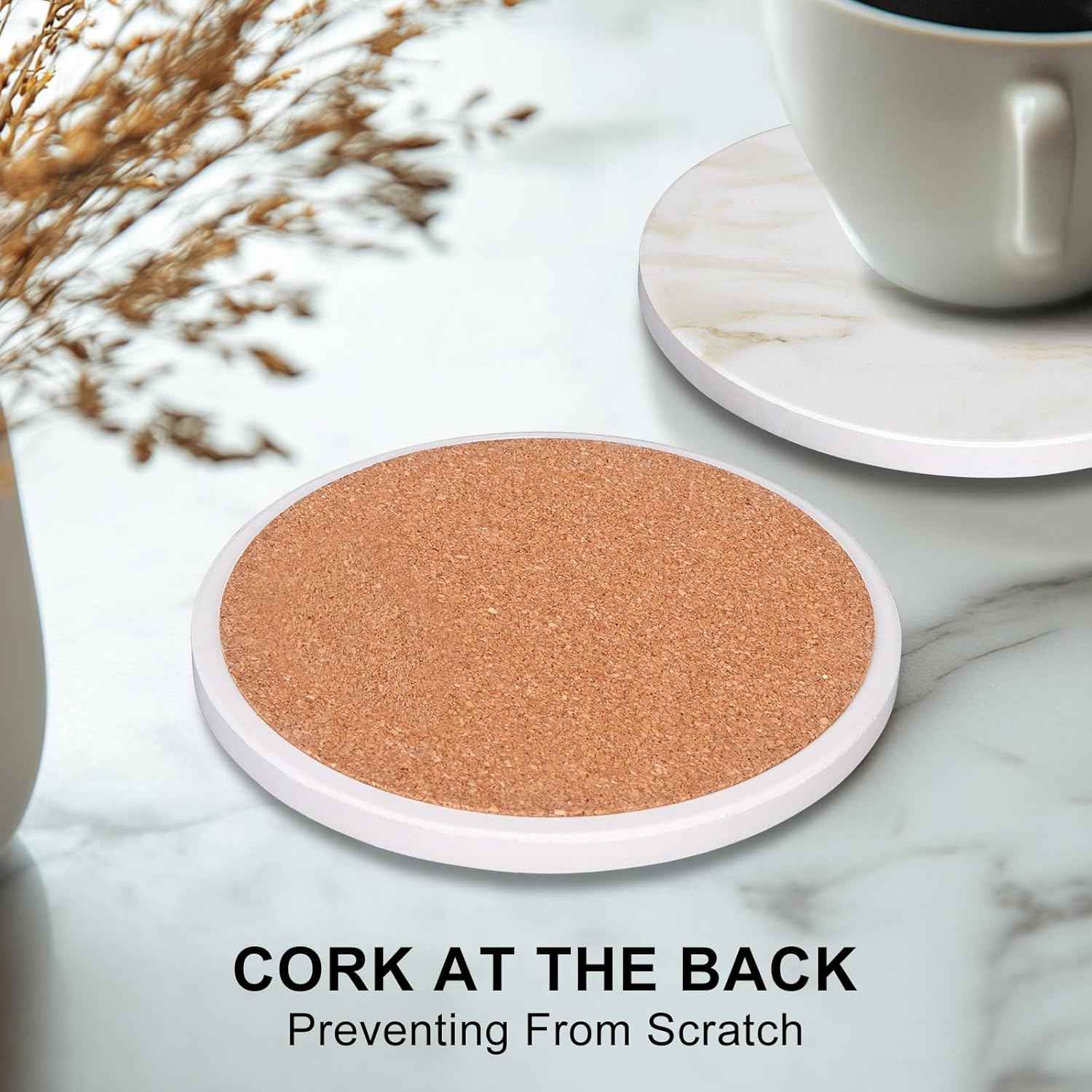 White Marble Style Ceramic Coasters Set of 6 with Holder Modern Coffee Table Decor Drink Coaster Gifts Absorbent Stone Coasters for Rustic Farmhouse Bar