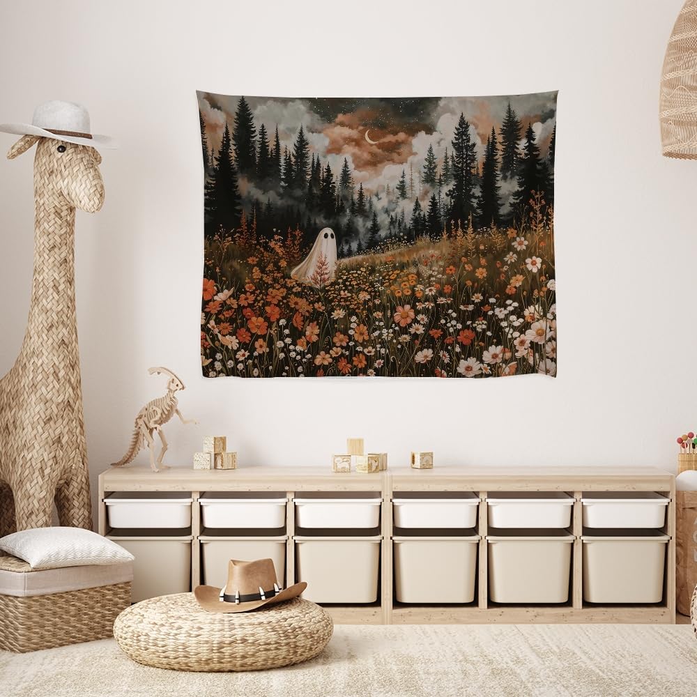Spooky Fall Forest Art Halloween Tapestry Wall Hanging Cute and Funny Forest Flower Ghost Tapestry for Bedroom Whimsical Dark Academia Aesthetic Tapestries for Home Living Room Decor 60x80inch