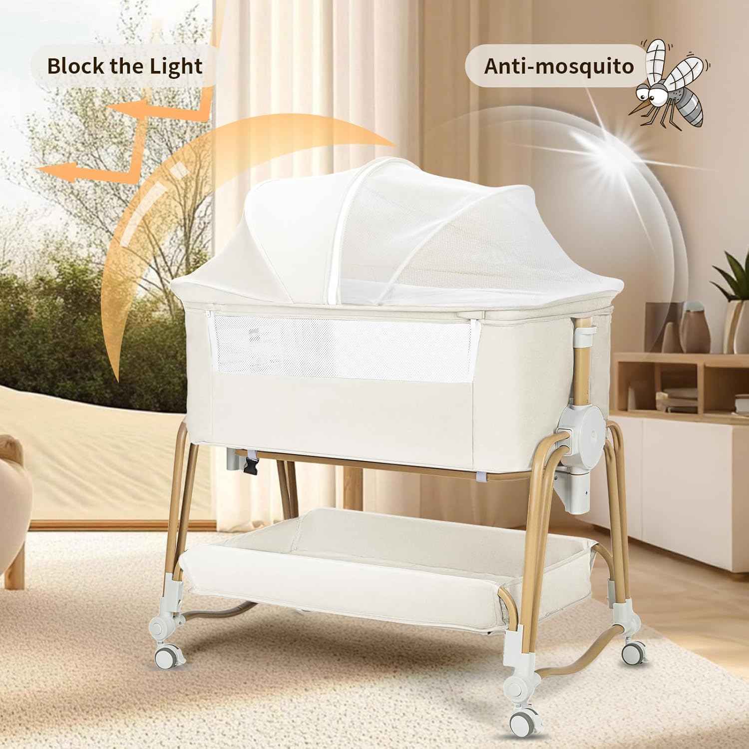 suihuooo 4-in-1 Baby Bassinet, Portable Bassinet Bedside Sleeper with Wheels and Storage Basket, 7 Height Adjustable Breathable Mesh Rocking Bassinet with Mosquito Net for Newborn-White