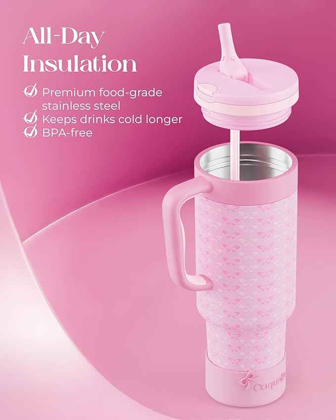 40 oz Insulated Tumbler with Handle and Push-Button Straw Lid, Stainless Steel Travel Cup for Gym Office, Leakproof, BPA-Free, Cup Holder Friendly, Bow Silicone Boot, Pink (Coquette Candy)