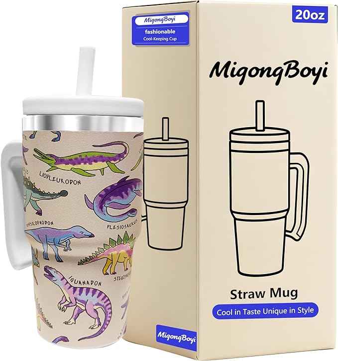 20-OZ Insulated Water Bottle,Insulated Stainless Steel Tumbler,Reusable Cold Drink Thermos,BPA-Free, Double-Wall Stainless Steel Water Bottle (Cream-Dinosaur, 20, Fluid Ounces)