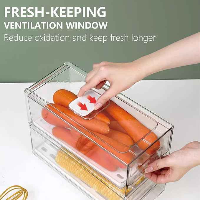 bealy 2 Pack Fruit Storage Containers for Fridge with Strainer, BPA-Free Fridge Organizers and Storage, Stackable Clear Pull Out Refrigerator Organizers Drawer for Fruit,Vegetable,Produce,Berry,Food