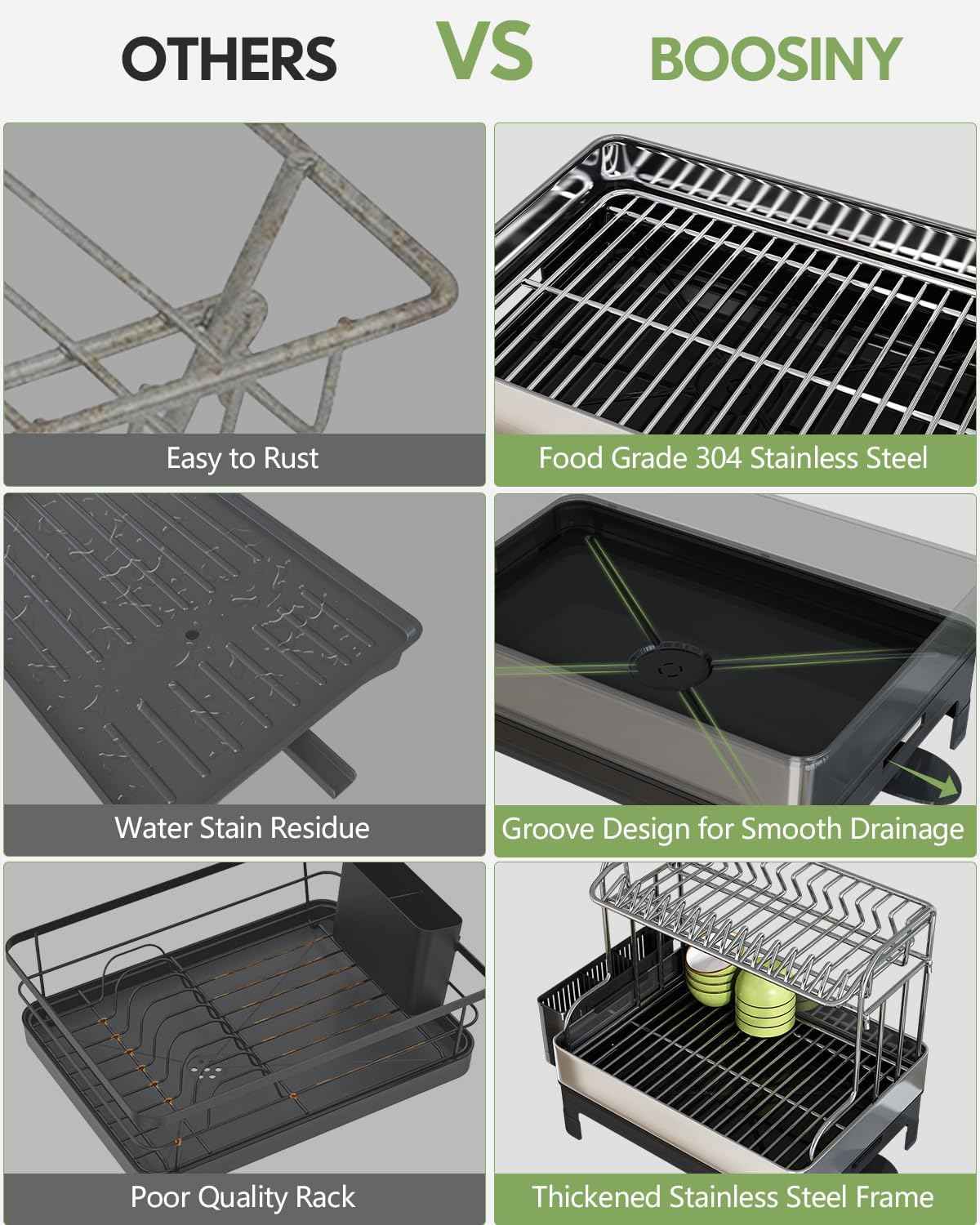 BOOSINY Extra Large Two Tier Stainless Steel Dish Drainer Drying Rack with Drainboard for Kitchen Counter, Modern Black and Silver, Rust Proof Metal, Space Saving Countertop Big Plate Dryer and Tray