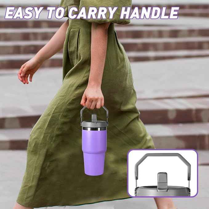 20 oz Tumbler with Handle, Insulated Tumbler with Lid and Flip Straw Leak Proof Double Wall Stainless Steel Vacuum Travel Coffee Mug Insulated Water Bottle Thermal Cup, Cupholder Friendly, Purple