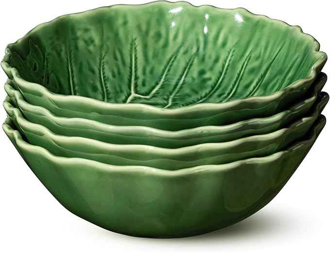 Le Jardin Cabbage 3D SOUP/CEREAL BOWLS, SET OF FOUR, 8.5" x 2.75" – Sculpted Green Stoneware Leaf Bowls– Seasonal Garden-Inspired Serveware for Soups, Salads, Pasta & Everyday Entertaining