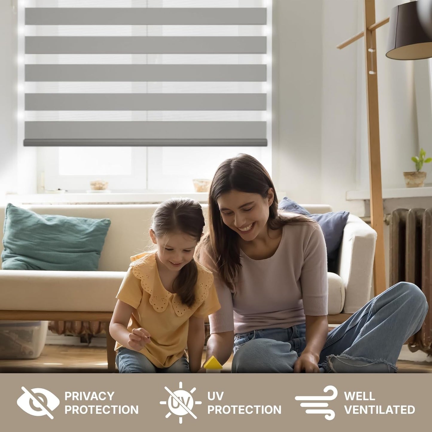 HESTIA Cordless Zebra Blinds Light Filtering Roller Shades UV Blocking Blackout Privacy Indoor Window Blind for Home Office Day and Night, Blue Grey,37" W x 48" H