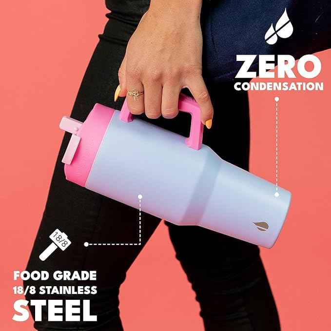 Elemental 32 oz 100% Leak Proof Tumbler with Handle & Straw - Stainless Steel Double Wall Insulated Tumbler for Hot and Cold Beverages - Travel Coffee Mug with Sip & Straw Lid - Lilac Tie Dye