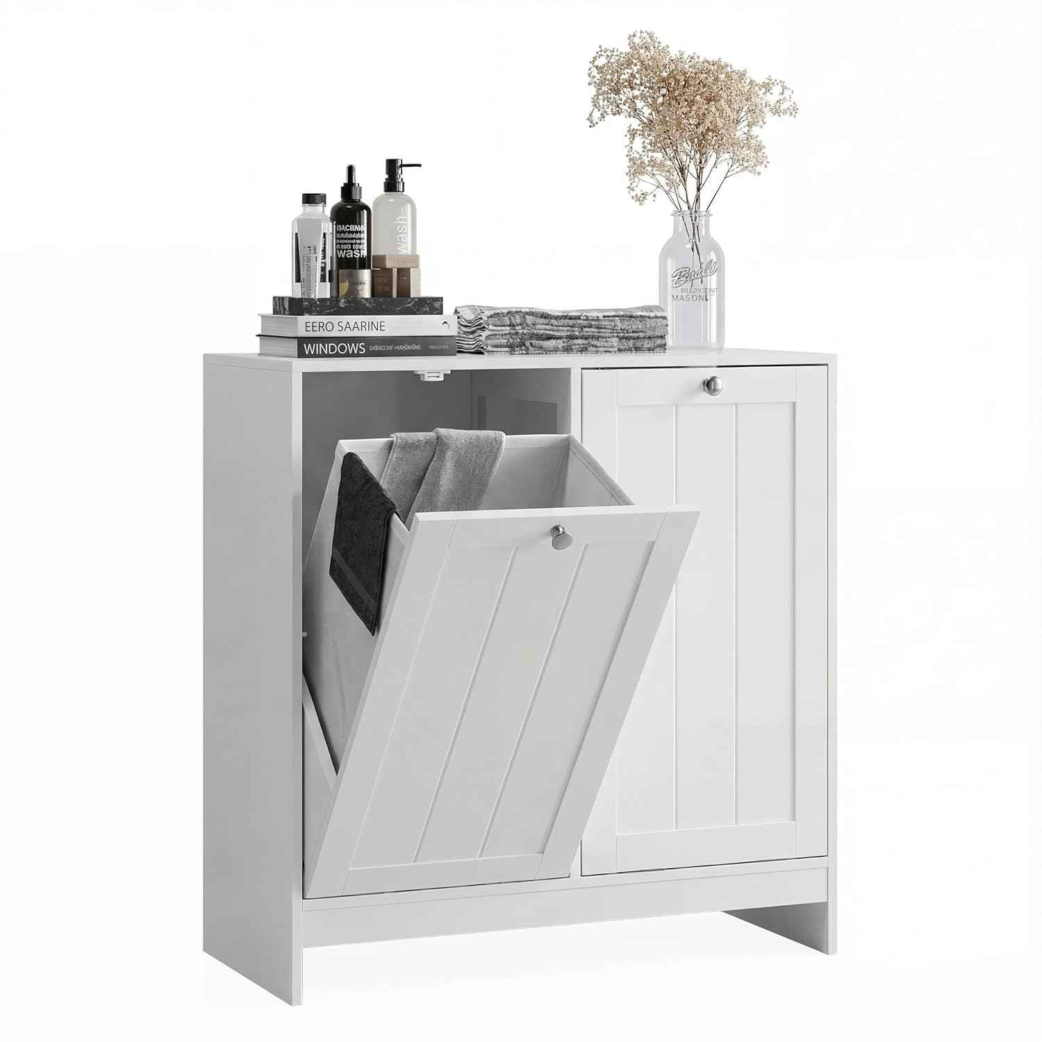 Tilt-Out Double Laundry Hamper Cabinet, White, 26.8" H x 26" W x 12" D, 5.9 Gal Capacity, MDF Construction.