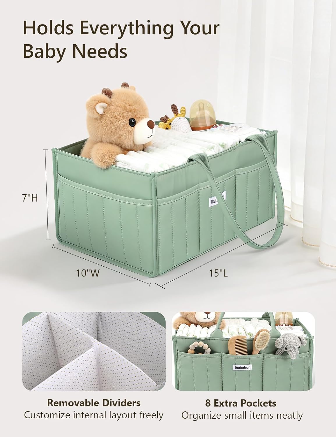 Baby Diaper Caddy Organizer, Portable Nursery Storage Basket for Newborn Essentials, Changing Table & Car Caddy Organizer, Gift for Baby Shower, Registry Must-Have for Boy Girl, Green