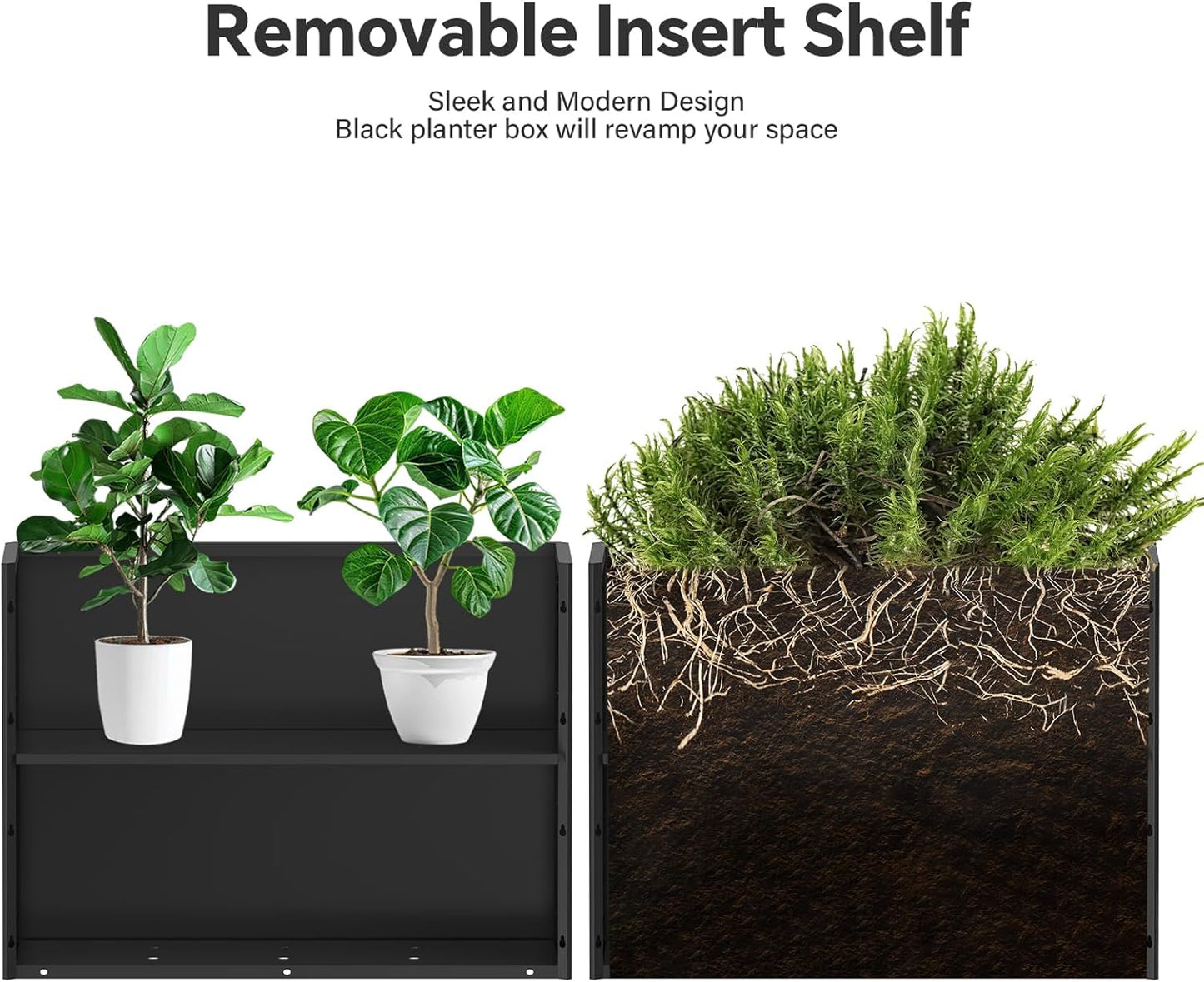Galvanized Steel Planter with Removable Insert Shelf & 4 Drainage Holes - 32x12x24 Inches Large Planters for Outdoor/Indoor Patio, Porch Black