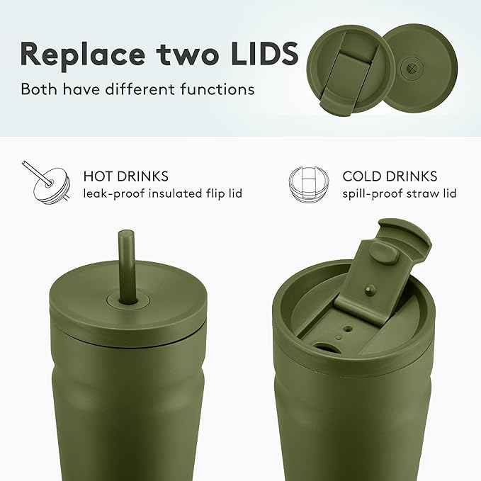 COKTIK 20oz Insulated Tumbler with Lid and Straw Iced Coffee Cup Reusable Stainless Steel Travel Mug Water Bottle Cupholder Friendly for Women Men Her Him (Olive)