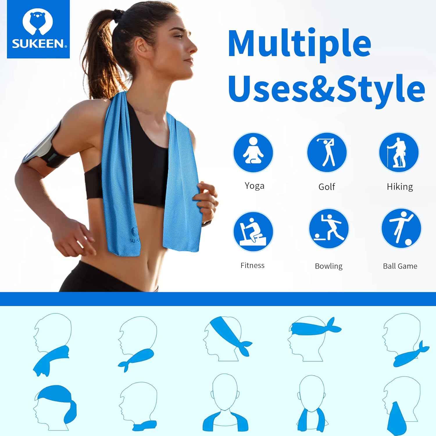 Sukeen Cooling Towels(40"x12") for Neck & Head, Soft Breathable Chilly Towel for Yoga, Golf, Gym, Camping, Running, Workout & More Activities