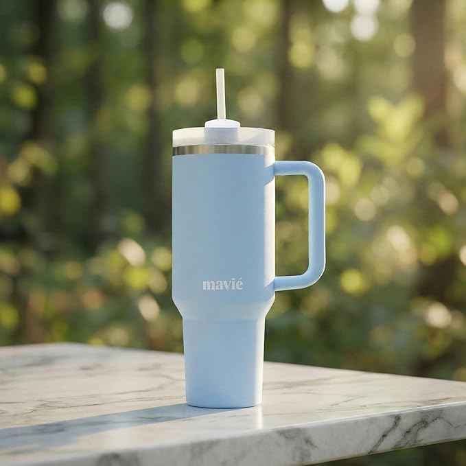 40oz Tumbler With Handle & Straw, Vacuum Insulated Stainless Steel Water Bottle With Leakproof Twist Sip Lid, Rubber Base, Dishwasher Safe, Cup Holder Friendly Travel Coffee Mug (Sky Blue)