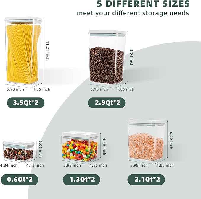 Airtight Food Storage Containers with Lids - 10PCS Stackable Modular Pantry Organization and Storage Set for Flour, Spaghetti & Cereal - Clear Kitchen Canisters with Measurement Scales