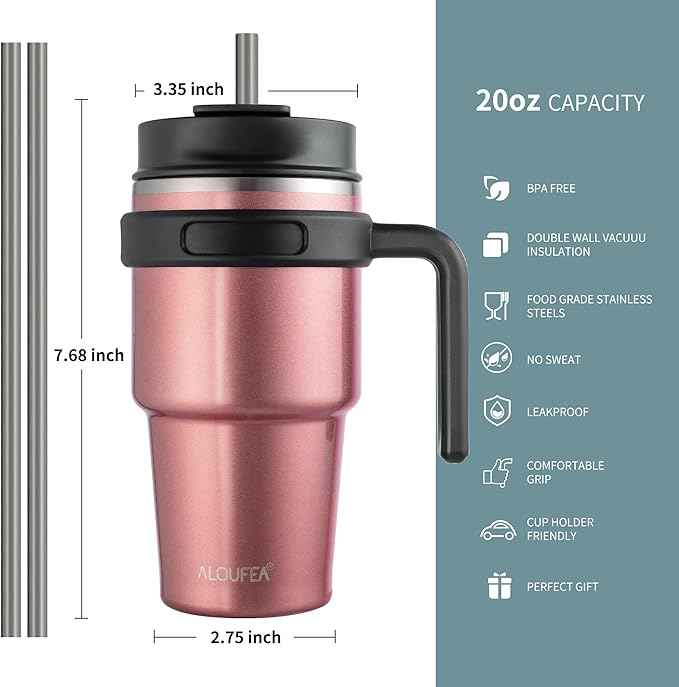 20 oz Insulated Coffee Mug Tumbler with Handle, Stainless Steel Travel Mug Tumbler with Lid and Straw,Double Wall Vacuum Leak Proof Ice Coffee Thermal Cup, Rose Gold