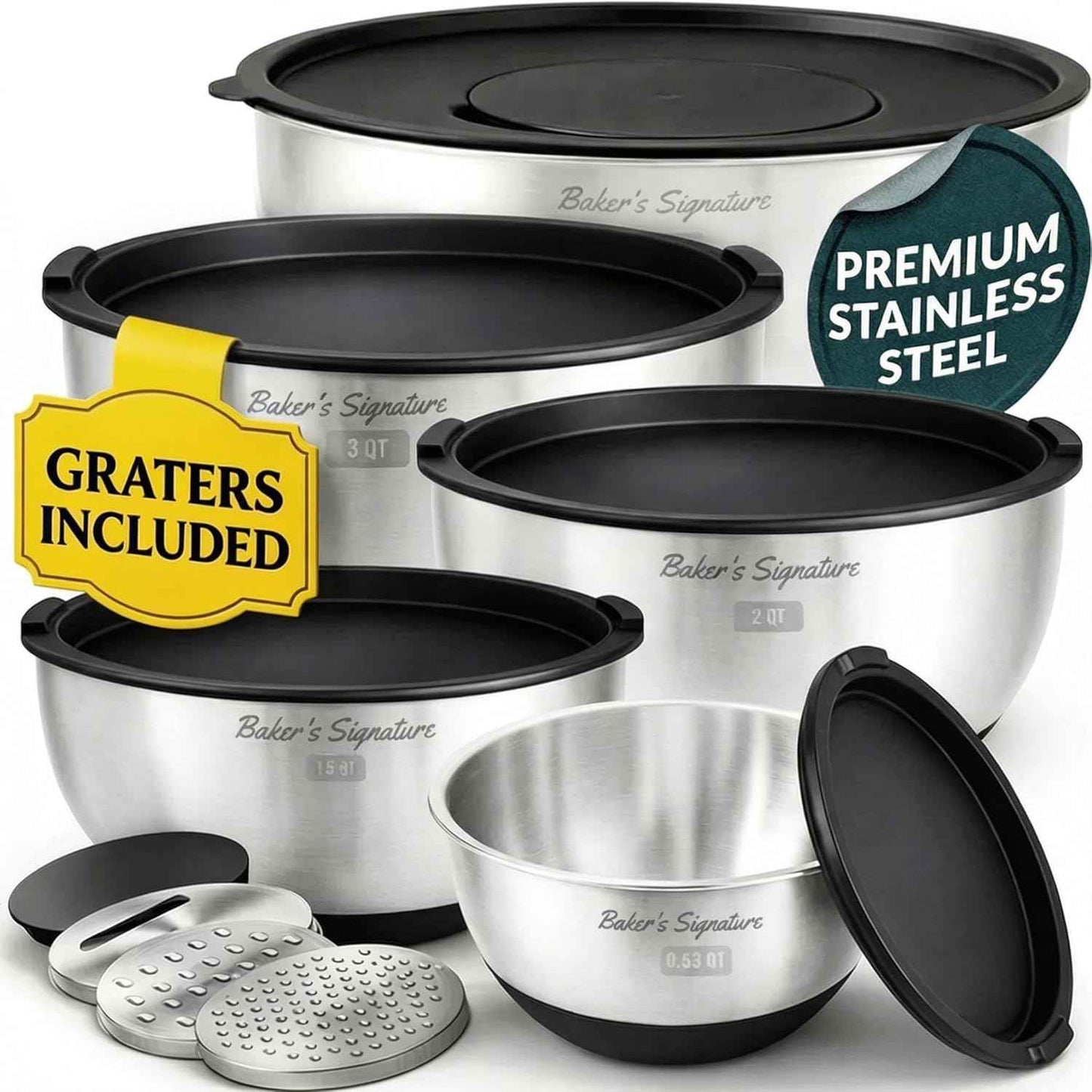 Baker's Signature Stainless Steel Mixing Bowls with Lids Set, 5 Sizes, 3 Graters, Non-Slip Base, Airtight Lids, Metal Mixing Bowls for Kitchen, Food Prep, Storage, 0.63QT-5QT, Black