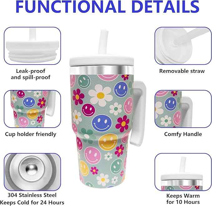 2PCS 20-OZ Insulated Water Bottle,Insulated Stainless Steel Tumbler,Reusable Cold Drink Thermos,BPA-Free, Double-Wall Stainless Steel Water Bottle (Green-Simleyface Flowers, 20, Fluid Ounces)