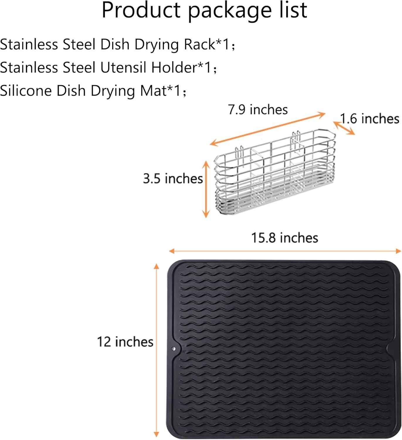 NiuYichee Stainless Steel Dish Drying Rack(15.2"L X 11"W X 5.3"H), Expandable Fruit & Vegetable Drain Rack over Sink, Dish Drainer Rack in Sink, with Stainless Steel Utensil Holder & Silicone Mat(16")