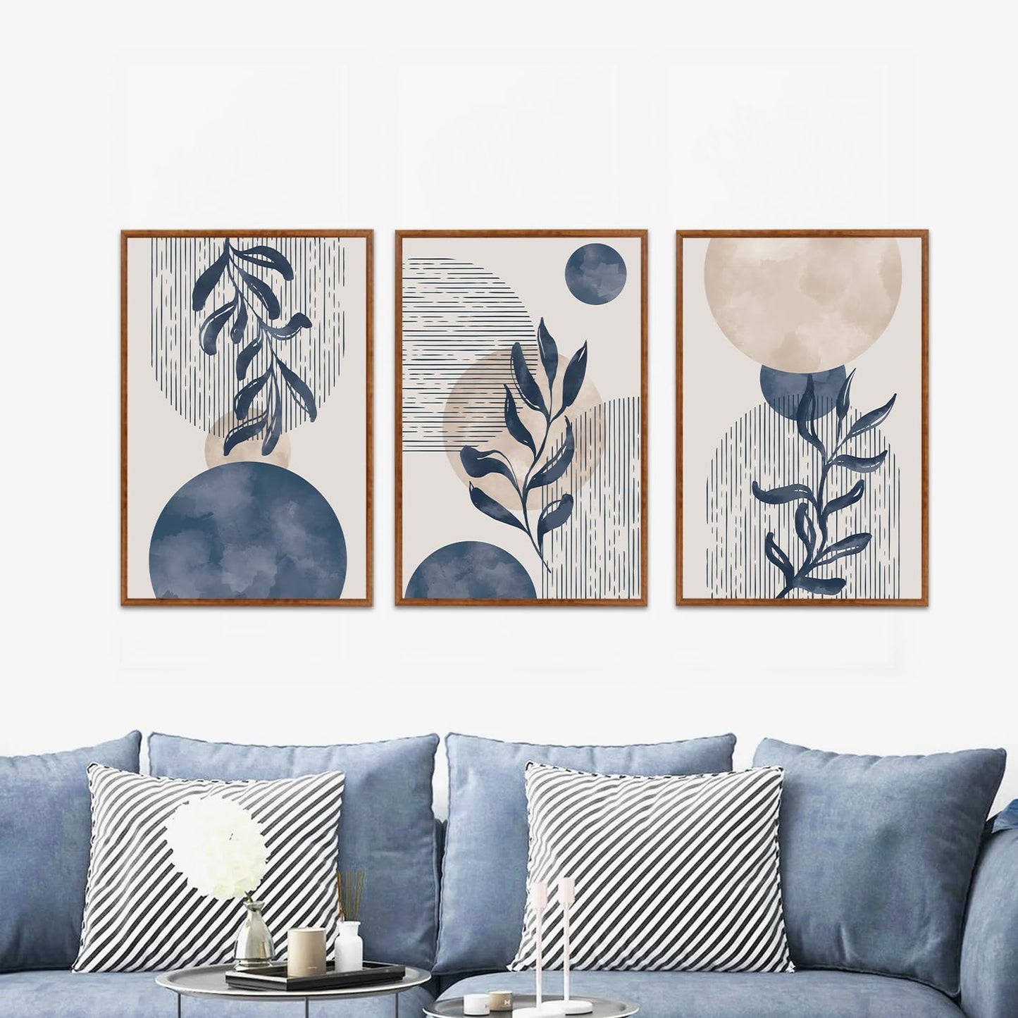 KAIRNE Boho Plant Wall Art Set of 3,Blue Bohemain Framed Canvas,Abstract Geometric Line Wall Painting,Modern Nature Prints,Botanical and Moon Wall Art for Living Room Bedroom Office - 3Pieces,16”X24”