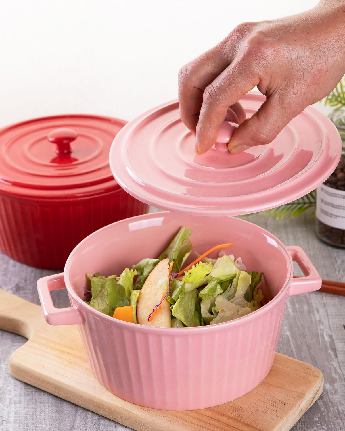 WHJY Pink Ceramic Casserole Dish with Lid，1 Quart Ceramic Casserole Pan for Bakeware Oven