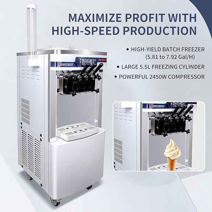 High-Efficiency Commercial Soft Serve Ice Cream Machine - 20-28L/H Capacity, Auto Clean,3 Flavors LED Display, Ideal for Restaurants and Snack Bars, 2200W