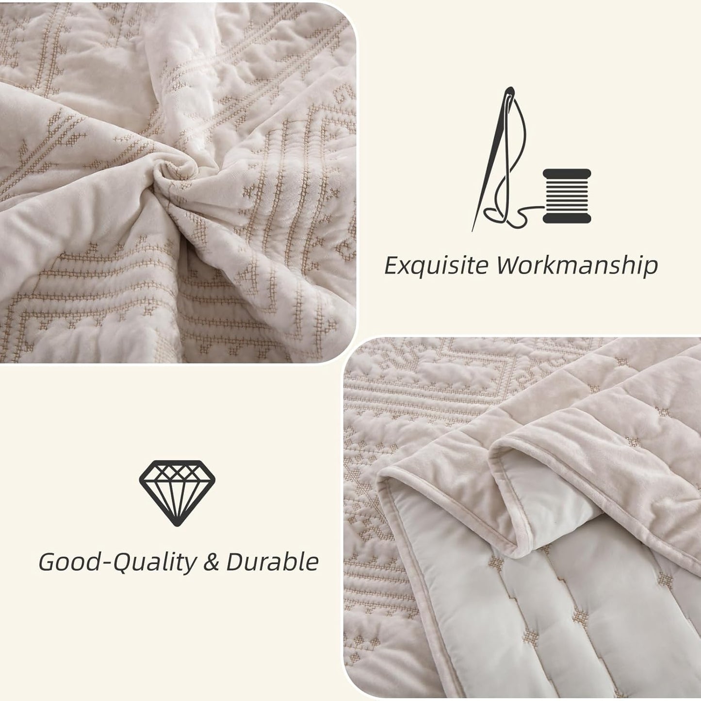 Yvooxny 3-Piece Quilt Set King Size Velvet Embroidery Quilted Bedspread Coverlet Set Bedding Set with Pillowcases for All Seasons, White, 108 * 96 Inches