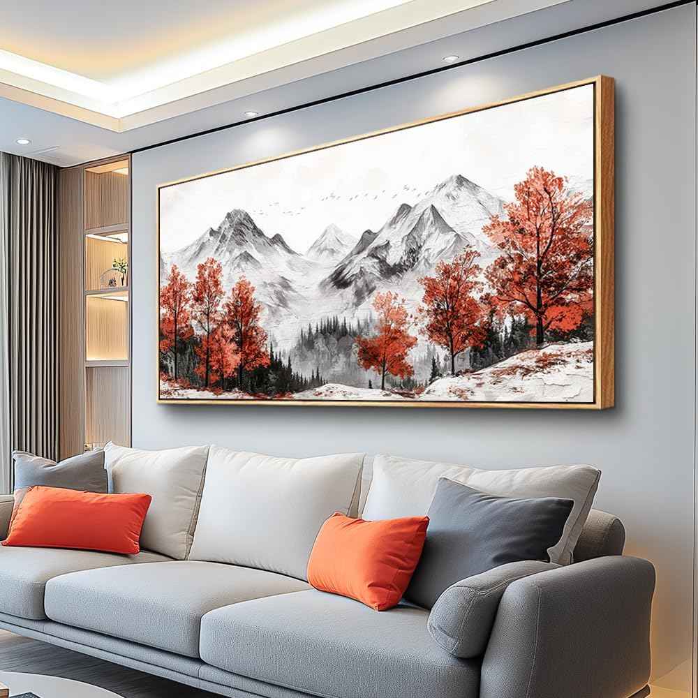 PHAOHUAXM Canvas Wall Art For Living Room Large Wall Decor For Bedroom Red Tree Ink-Wash Mountain Landscape Painting Wall Pictures Office Modern Restaurant Room Home Decoration Wood Framed 20"X40"