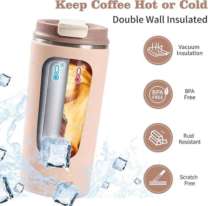 Travel Coffee Mug with Lid, 12 oz Insulated Tumbler, Leak Proof Stainless Steel Cup, for Hot Coffee, Iced Tea & Water, BPA Free, Car Cups Holder Friendly, Pink