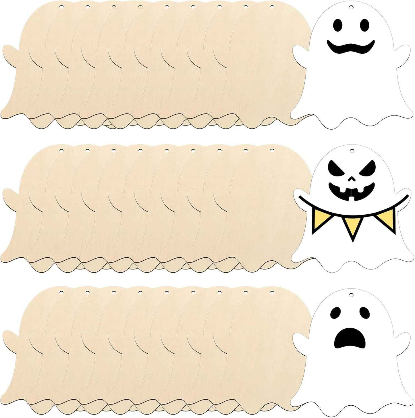 Large Size 7'' Wooden Halloween Ornaments to Paint 30 Pcs DIY Blank Unfinished Ghost Wooden Cutouts with Twines for Halloween Thanksgiving Day Fall Party