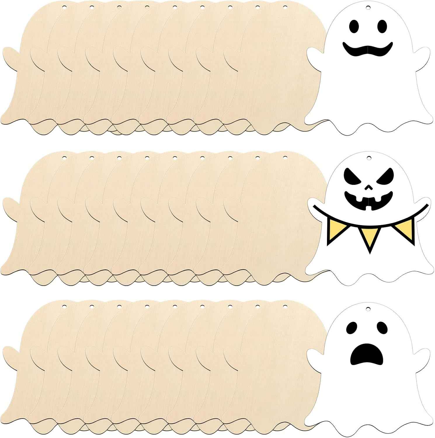 Large Size 7'' Wooden Halloween Ornaments to Paint 30 Pcs DIY Blank Unfinished Ghost Wooden Cutouts with Twines for Halloween Thanksgiving Day Fall Party