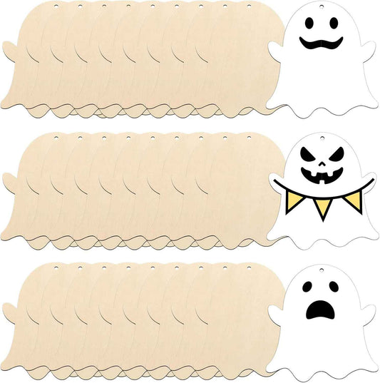 Large Size 7'' Wooden Halloween Ornaments to Paint 30 Pcs DIY Blank Unfinished Ghost Wooden Cutouts with Twines for Halloween Thanksgiving Day Fall Party