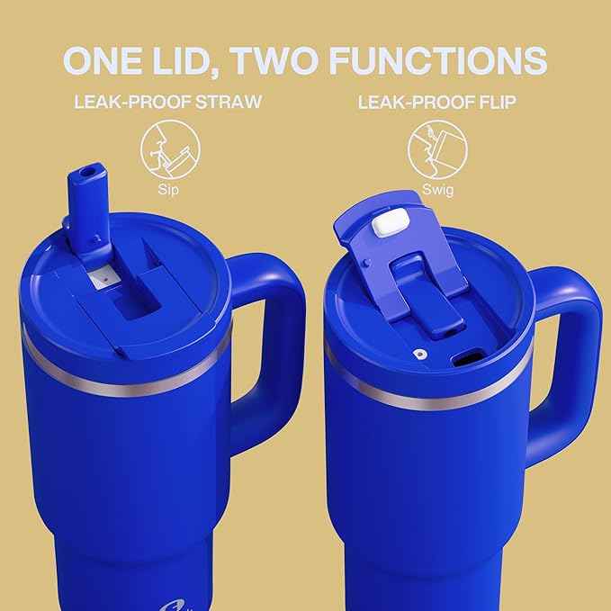 32 oz Tumbler with Handle and Straw: Stainless Steel Insulated Tumbler Keeps Cold for 24 Hours, Leakproof Travel Cup Fits in Cup Holder and BPA-Free,Royal Blue
