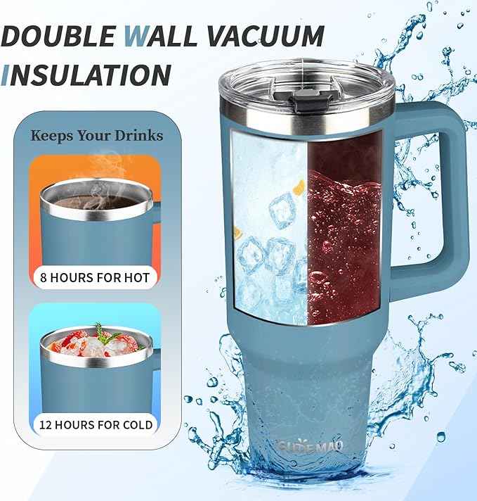 40 oz Tumbler with Handle, Insulated Tumbler with Lid and Straw, Reusable Stainless Steel Vacuum Insulated Cup, 100% Leak Proof Thermal Travel Coffee Mug Cup for Cold and Hot (Maya Blue)
