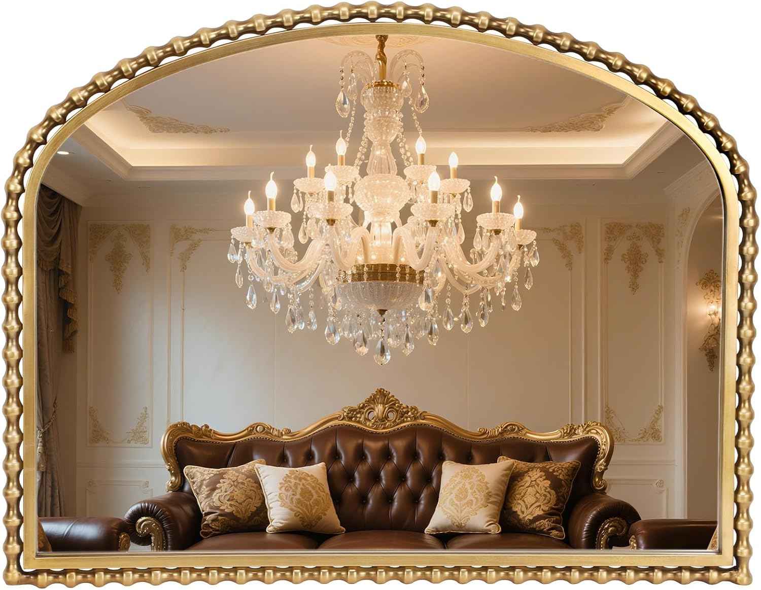 36x28 Inch Wide Arched Wall Mirror with Bold Antique Gold Beaded Frame, Decorative Mantel Mirror for Fireplace or Entryway, Horizontal Hanging Statement Mirror for Living Room Wall Decor