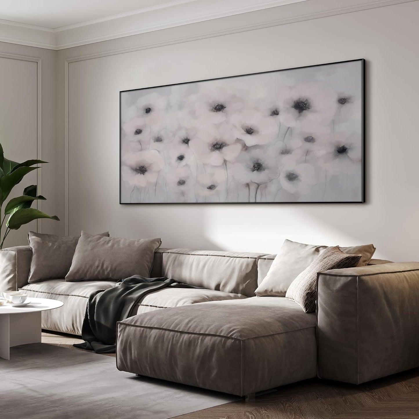 36"x72" Extra Large Framed Wall Art Soft White Poppies Watercolor Floral, Delicate Botanical for Home Living Room Bedroom Decor (Frame Assembly Required)