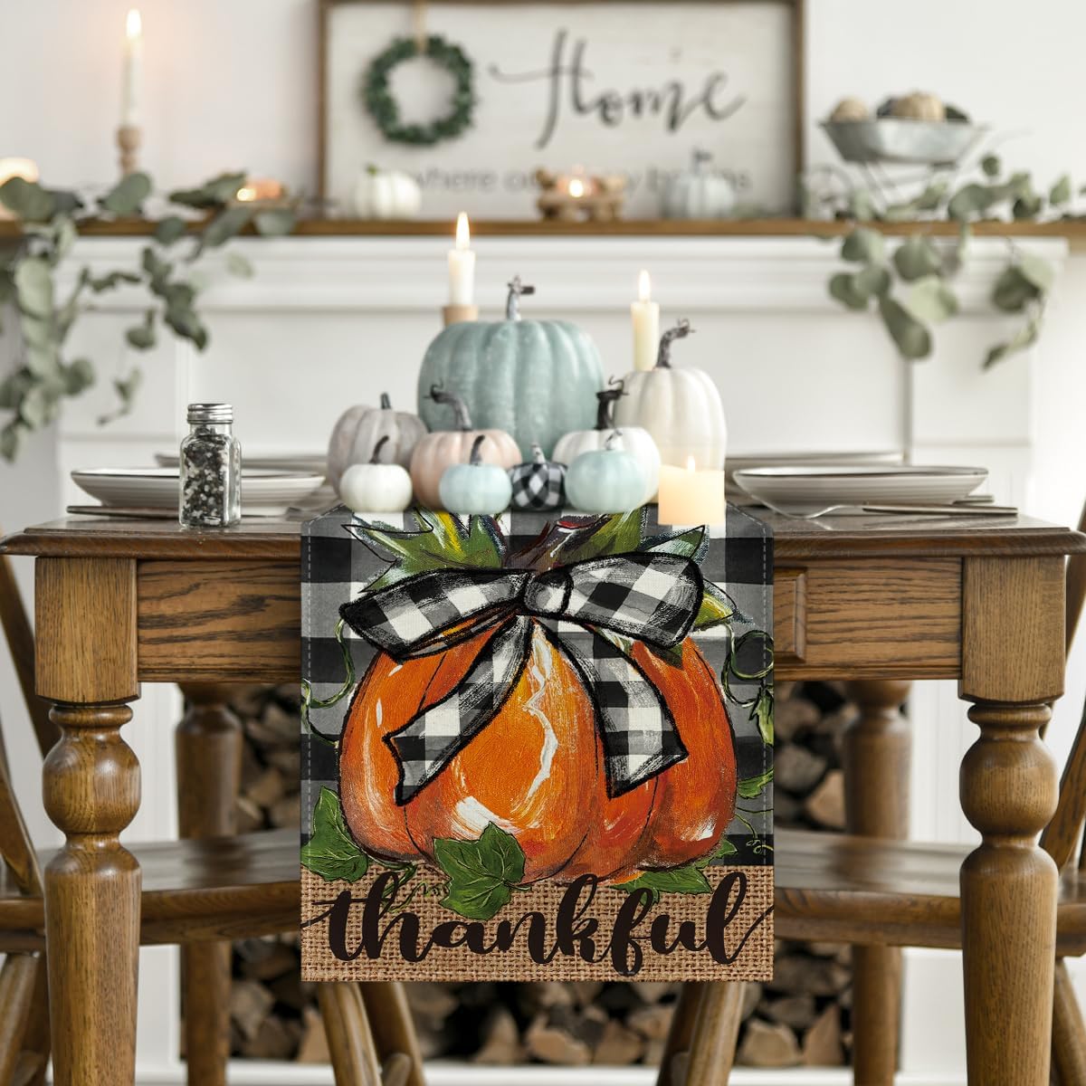 Artoid Mode Buffalo Plaid Bowknot Pumpkin Thankful Fall Table Runner, Autumn Thanksgiving Kitchen Dining Table Decoration for Home Party Decor 13x36 Inch