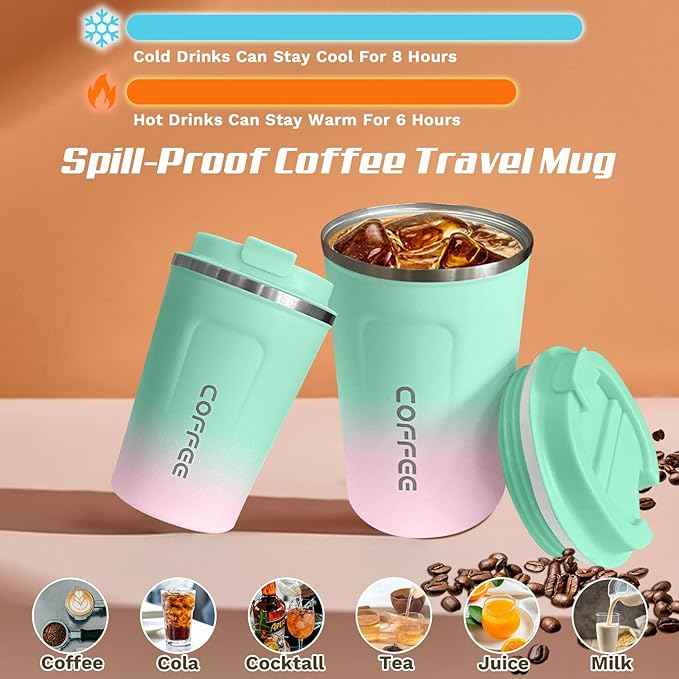 SPLMIFA Travel Coffee Mug Leak-Proof, Reusable Coffee Cups with Lids, Stainless Steel Vacuum Insulated Coffee Tumblers, Thermal Insulation Cup for Men and Women Hot & Cold Drinks(2nd-Green Pink, 17OZ)