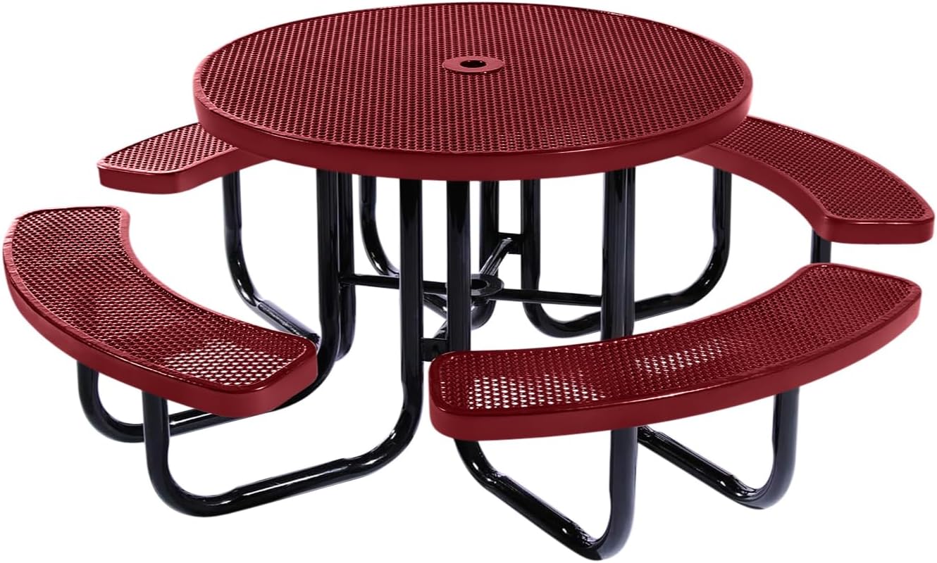 Heavy-Duty Portable Outdoor Picnic Table with Umbrella Hole, Punched Steel Commercial-Grade Patio Dining Furniture Made in America (46" Round Top, Burgundy)