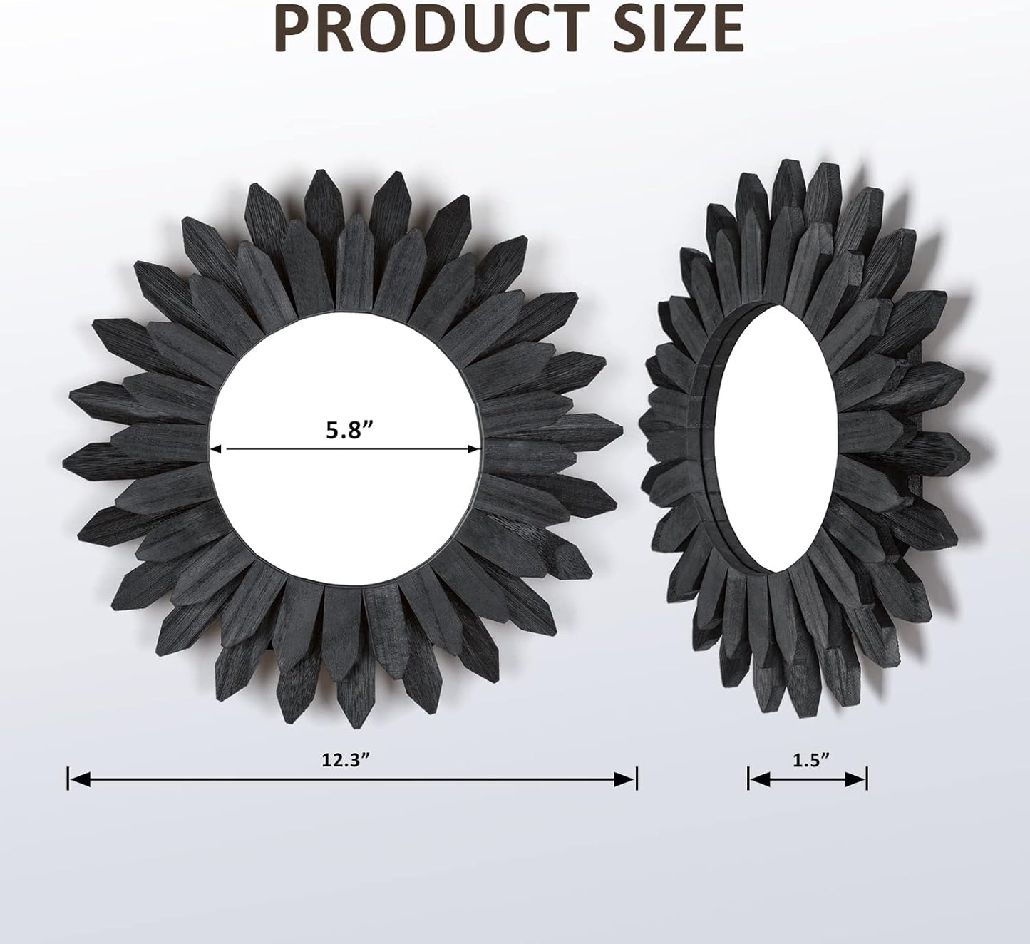 Honiway Black Wall Decor Wall Mirror 12 inch Boho Wall Decor Wood Decorative Mirror for Room Decor Home Decor for Bedroom Living Room Bathroom Kitchen Black