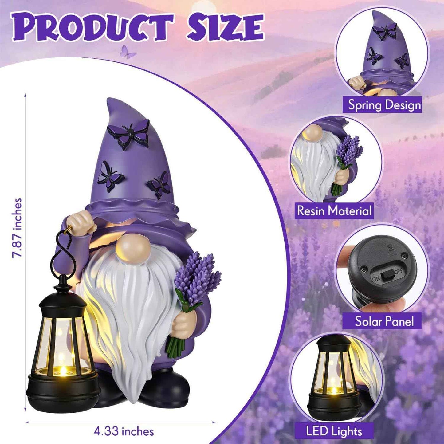 Capoda Solar Spring Gnome Statue 8" Garden Resin Gnome Figurine Holding Lantern with Solar LED Lights Decorations for Table Outdoor Yard Patio Lawn Porch Decor (Lavender)