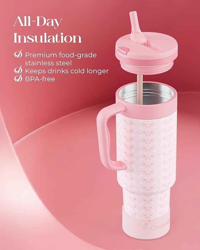 40 oz Insulated Tumbler with Handle and Push-Button Straw Lid, Stainless Steel Travel Cup for Gym Office, Leakproof, BPA-Free, Cup Holder Friendly, Bow Silicone Boot, Pink (Coquette Blush)