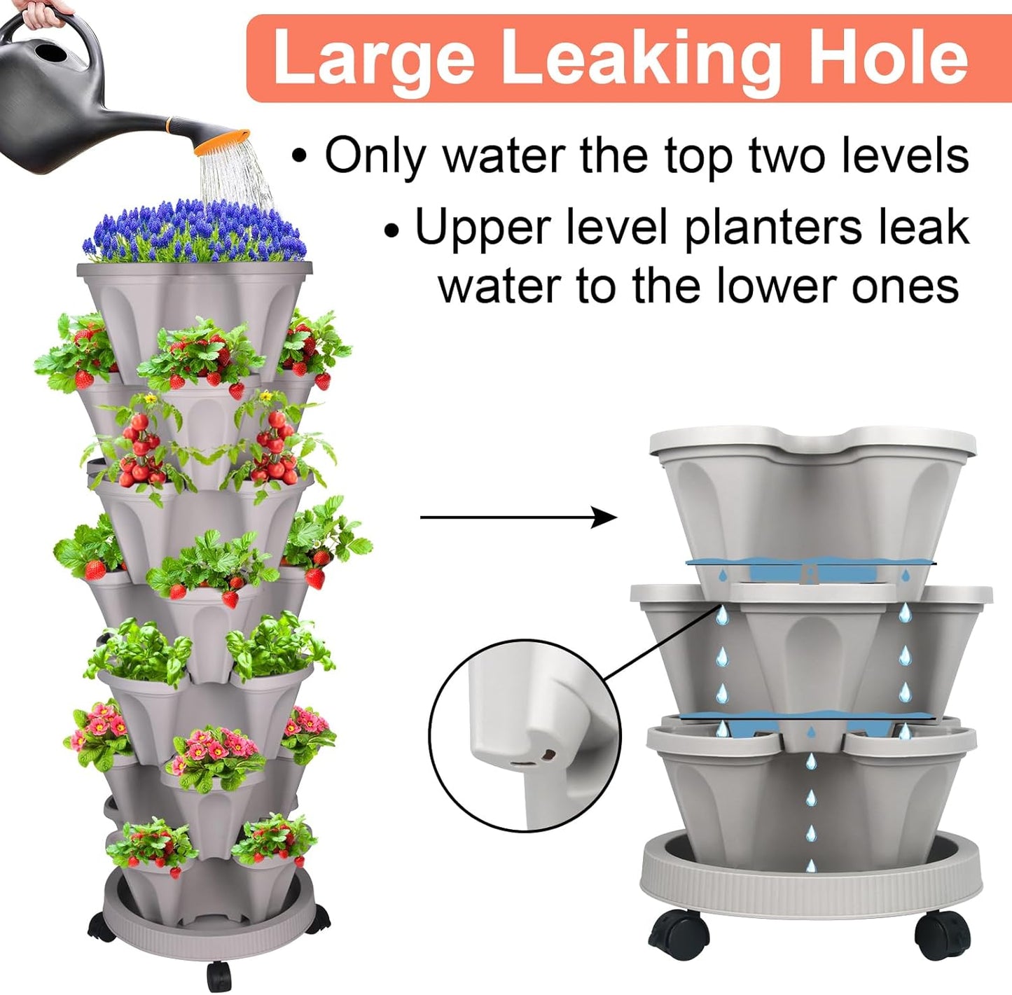 Vertical Planter 7 Tier Stackable Planters Garden Planters Strawberry Herb Flower and Vegetable Planter Indoor Outdoor Gardening Pots with Removable Wheels and Tools 2-Pack