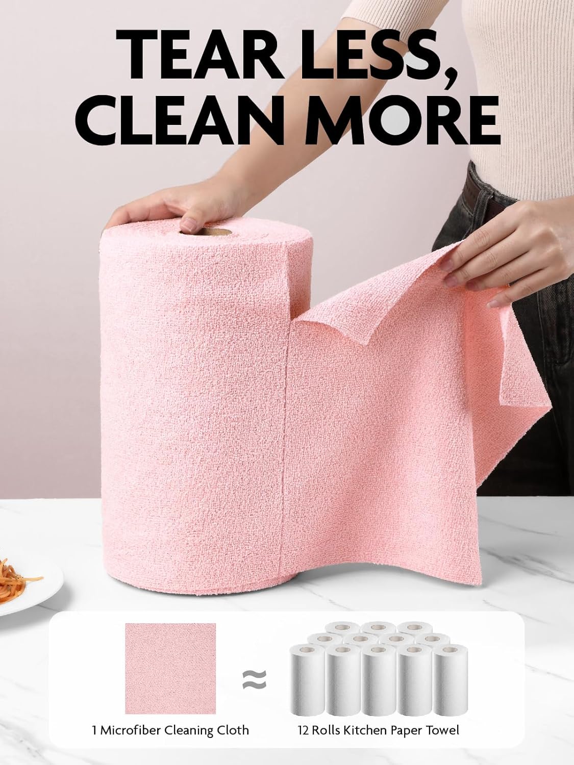 Fantasticlean Microfiber Cleaning Cloth Roll -90 Pack, Tear Away Microfiber Towels, 12" x 12", Reusable, Washable, Scratch Free, Ultra Absorbent Dish Rags for Car, Home, Garage or Shop (Pink)